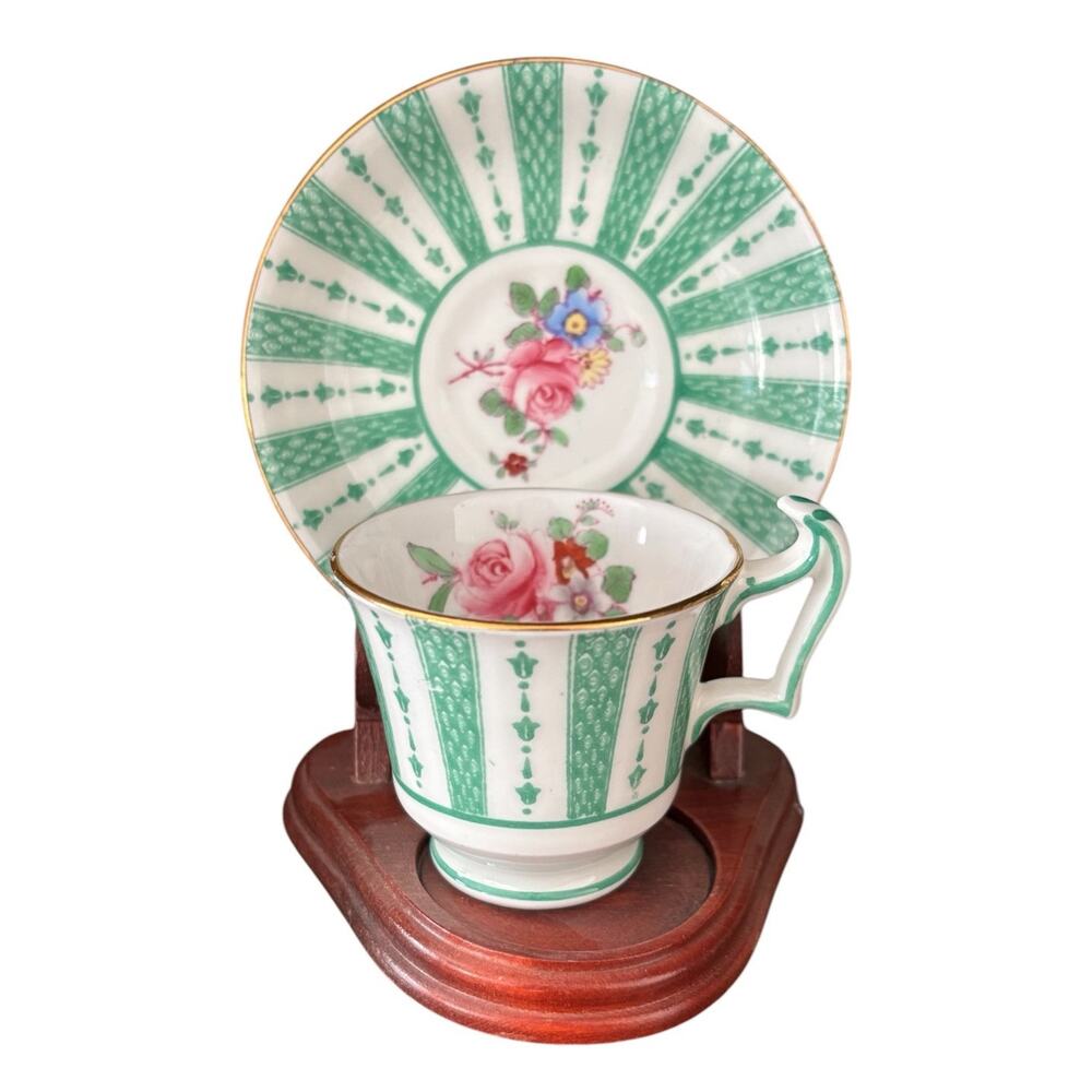 Crown Staffordshire Fine Bone China Demitasse Cup & Saucer Green Lace Pink Rose